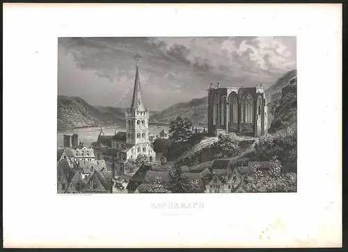 Stahlstich Bacharach, Ortspartie mit Kirche in Gewitterstimmung, Stahlstich um 1880, 24 x 32cm