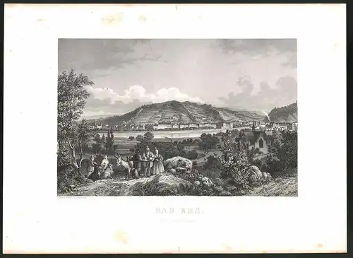 Stahlstich Bad Ems, Panorama mit Fluss, Stahlstich um 1880, 24 x 32cm
