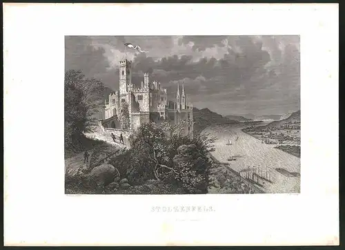 Stahlstich Koblenz, Schloss Stolzenfels über dem Rhein, Stahlstich um 1880, 24 x 32cm