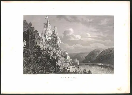 Stahlstich Rheinstein, Burg mit passierender Eisenbahn, Stahlstich um 1880, 24 x 32cm