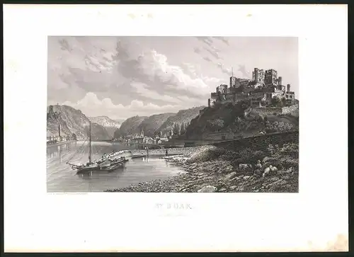 Stahlstich St. Goar, Uferpartie mit Ruine, Stahlstich um 1880, 24 x 32cm