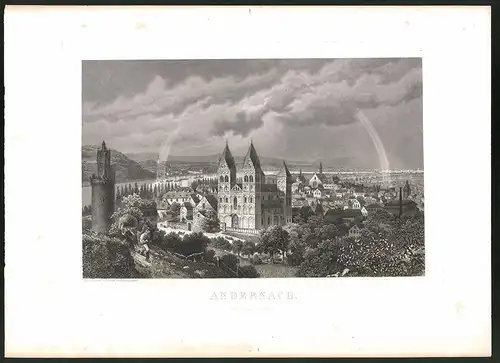 Stahlstich Andernach, Kirche mit Regenbogen, Stahlstich um 1880, 23 x 32cm