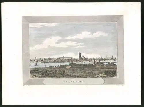 Stahlstich Frankfurt, Panorama mit Fluss, altkolorierter Stahlstich um 1880, 20 x 27cm