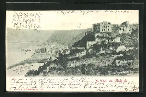 AK St. Goar, Panorama mit Rheinfels