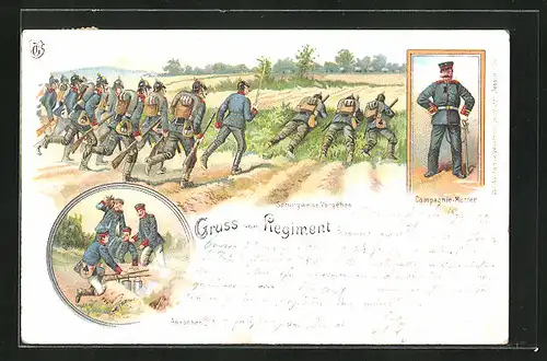 Lithographie Infanterie-Soldaten beim Abkochen und sprungweises Vorgehen, Compagnie-Mutter im Portrait