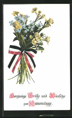 Künstler-AK Erster Weltkrieg, Namenstag, Blumenstrauss mit Banderole in Reichsfarben