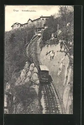 AK Graz, die Schlossbergbahn fährt hinab