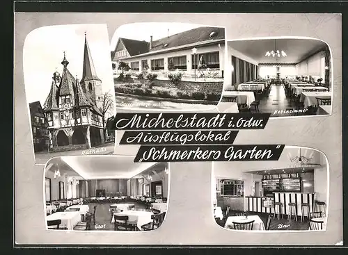 AK Michelstadt / Odw., Restaurant Schmerkers Garten, Innenansicht der Bar mit Saal, Rathaus