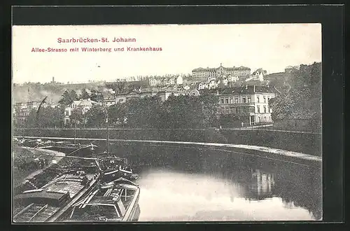 AK Saarbrücken-St. Johann, Alleestrasse mit Winterberg und Krankenhaus