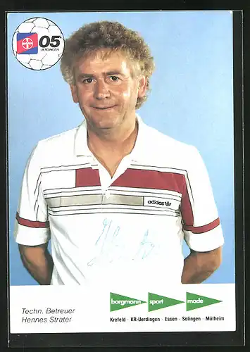 AK Fussballmannschaft des FC Bayer Uerdingen 05, Saison 1986 /87, Betreuer Hennes Strater, Autograph