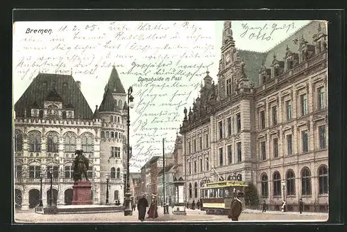 AK Bremen, Domshaide mit Post und Denkmal, Strassenbahn