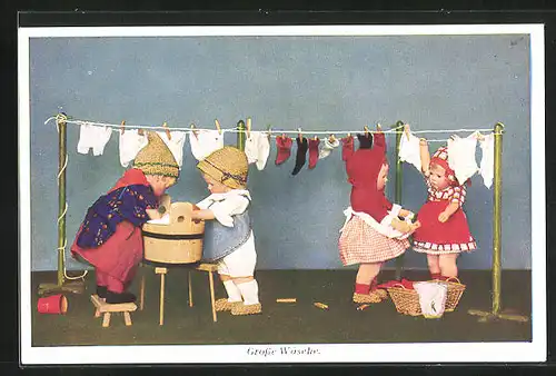 AK Alltagsszenen mit Käthe Kruse-Puppen nachgestellt, Grosse Wäsche