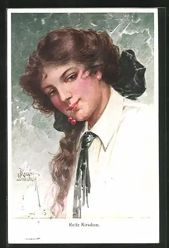Künstler-AK Ruab Gnischaf: Dame mit reifen Kirschen im Mund