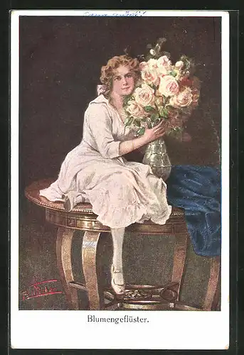 Künstler-AK Bill Fisher: Blumengeflüster, Dame nebst grossem Rosenstrauss