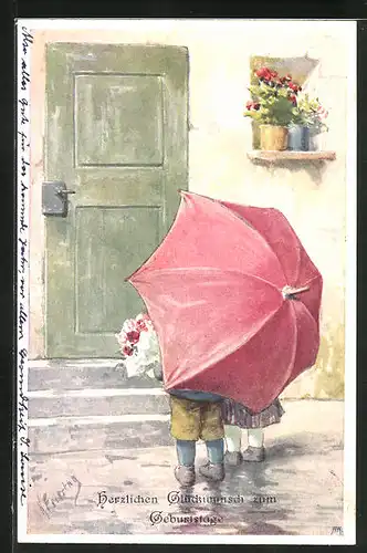 Künstler-AK Karl Feiertag: Kinder mit Regenschirm warten vor Haustür
