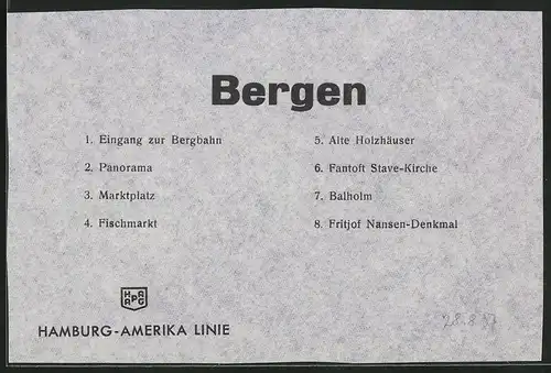 8 Fotografien Bergen, Ansicht Bergen, Fridtjof Nansen-Denkmal, Balholm, Bergbahn Eingang Fischmarkt, Fantoft Stavekirche