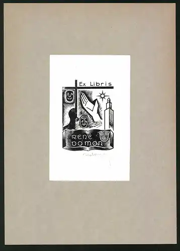 Exlibris René Domon, Wappen mit Pfeile, Hand, Hochhaus