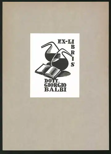 Exlibris Dott. Giorgio Balbi, aufgeschlagenes Buch, Kolben mit Flüssigkeit