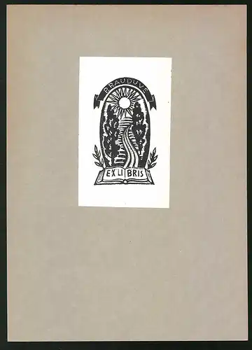 Exlibris P. Rauduve, Aufgeschlagenes Buch mit Sonne und Strasse