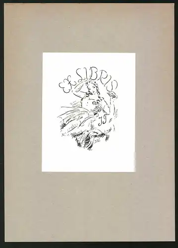 Exlibris J. J., junge Frau leicht bekleidet mit einem Buch in der Hand