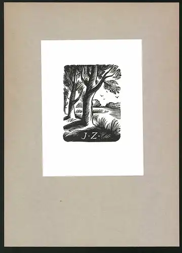 Exlibris J. Z., Baum mit Seelandschaft