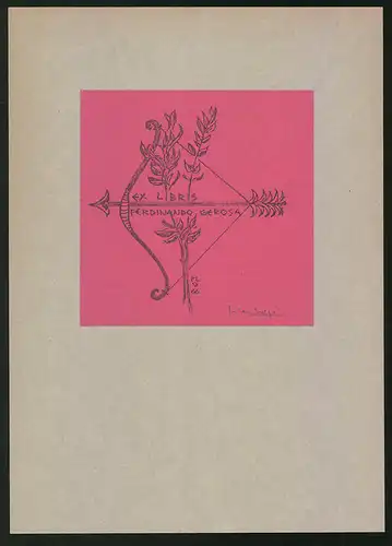 Exlibris Ferdinando Gerosa, Pfeil und Bogen sind gespannt, Blume geht durch den gespannten Bogen