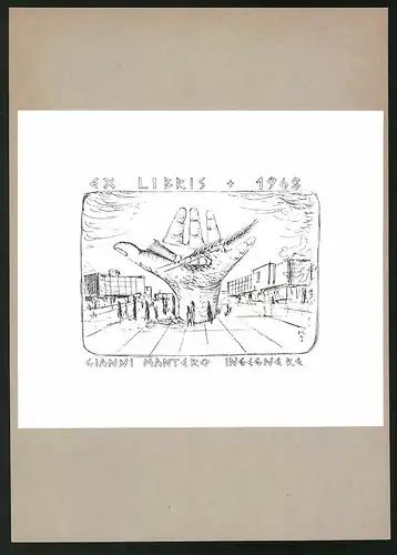 Exlibris Gianno Mantero Ingegnere, grosse Hand hält ein Buch und Weizen, 1968