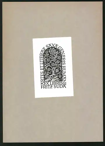 Exlibris Fritz Suda, Fenster mit Baum Verzierung