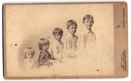 Fotografie Th. Kirsten, Dresden-Neustadt, Bautzenerstr. 77, niedliche Knaben & Mädchen aufgereiht wie die Orgelpfeifen