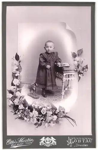 Fotografie Otto Martin, Löbtau, Reisewitzerstr. 18, Kleinkind mit Bilderbuch & Spielzeugpferd in gerahmter Ansicht