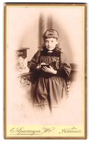 Fotografie E. Sparmeyer Witwe, Herrnhut i /S., Portrait junges Mädchen im Kleid mit einem Buch