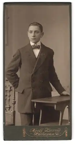 Fotografie Adolf Zierold, Zschopau i /S., Brühl 296, Portrait junger Herr im Anzug mit Fliege