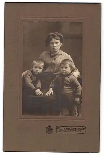 Fotografie Otto Hertel, Freiberg i /S., Erbischestrasse 11, Portrait bürgerliche Dame mit zwei Söhnen