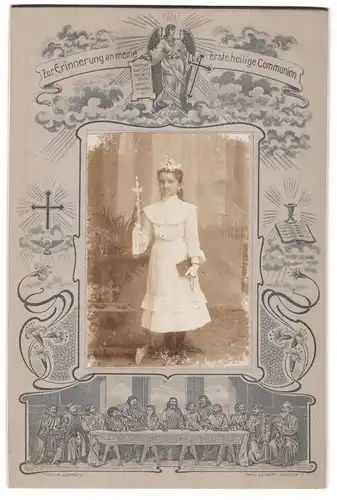 Fotografie K. Müller, Memmingen, hübsches Mädchen mit Kerze und Gebetsbuch zur Kommunion