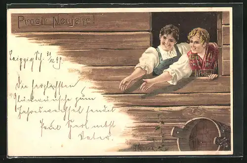 Künstler-AK Alfred Mailick: Zwei Frauen in Tracht am Fenster, Neujahrsgruss