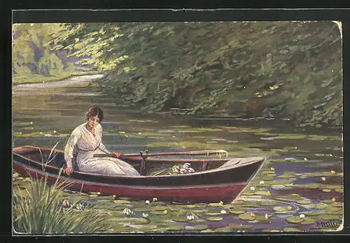 Künstler-AK Alfred Mailick: Wasserrosen, Junge Frau im Boot