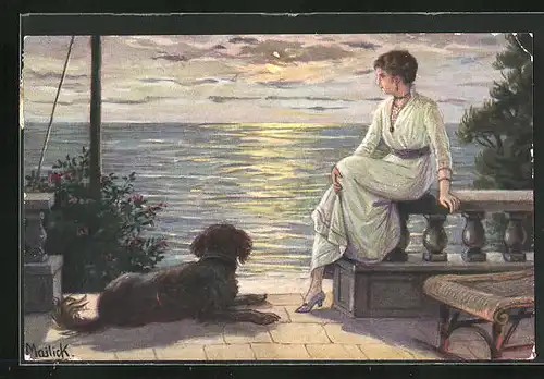 Künstler-AK Alfred Mailick: Frau mit Hund auf der Terrasse bei Sonnenuntergang