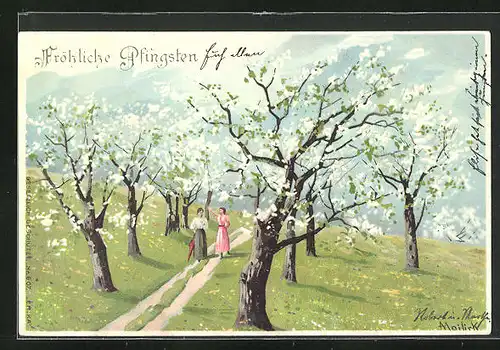Künstler-AK Alfred Mailick: Ortspartie mit zwei Frauen und Baumblüte, Pfingstgruss