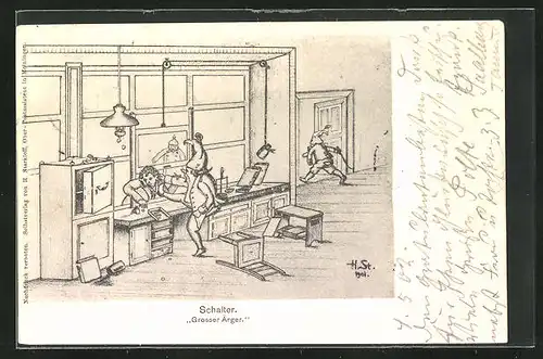 Künstler-AK H. Starkloff: Schalter, Grosser Ärger