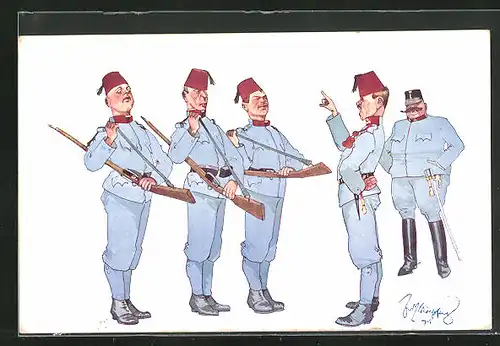 Künstler-AK Fritz Schönpflug: Hauptmann und Soldaten mit Gewehren