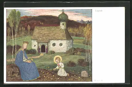 Künstler-AK Matthäus Schiestl: Legende, Königin und Christkind vor Kirche