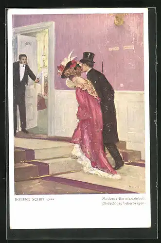 Künstler-AK Robert Schiff: Moderne Barmherzigkeit mit Augenzwinkern, Obdachlose beherbergen