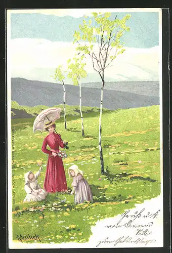 Künstler-AK Alfred Mailick: Frau mit ihren Töchtern auf einer Blumenwiese