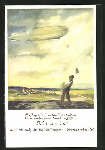 Künstler-AK Otto Amtsberg: Herr winkt einem Zeppelin zu