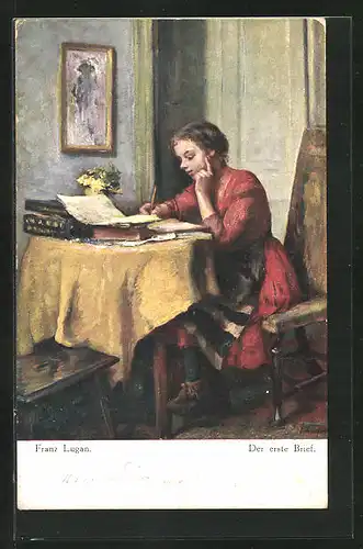 Künstler-AK sign. Franz Lugan: Junge Frau schreibt ersten Brief