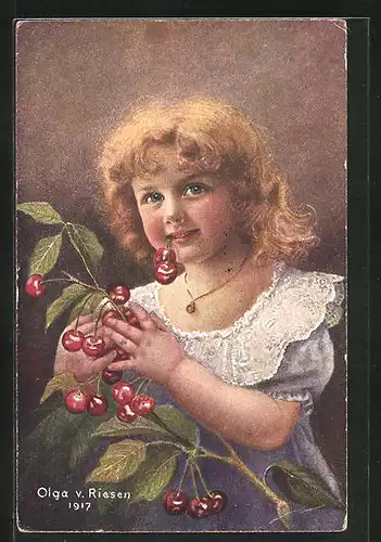 Künstler-AK sign. Olga v. Riesen: Der kleine Hamster, Kleines Mädchen mit Kirschen
