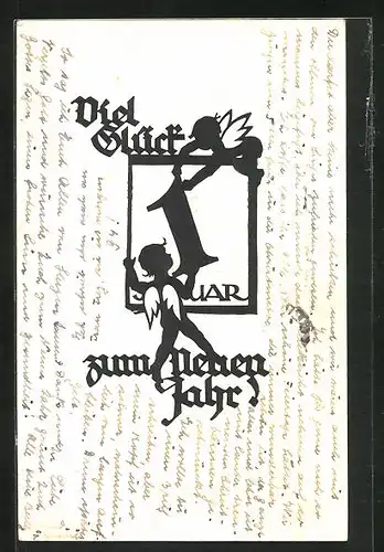 Künstler-AK sign. A. M. Schwindt: Zwei kleine Engel am Kalender, Neujahrsgruss