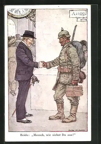 Künstler-AK sign. Fritz Schoen: Soldat mit Pickelhaube gibt einem Herrn die Hand