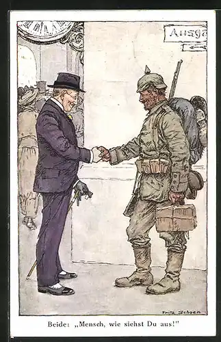 Künstler-AK sign. Fritz Schoen: Soldat mit Pickelhaube gibt einem Herrn die Hand