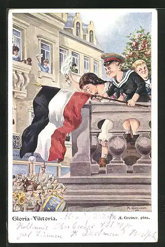 Künstler-AK sign. A. Greiner: Gloria-Viktoria, Matrose mit Schirmmütze und Fahne